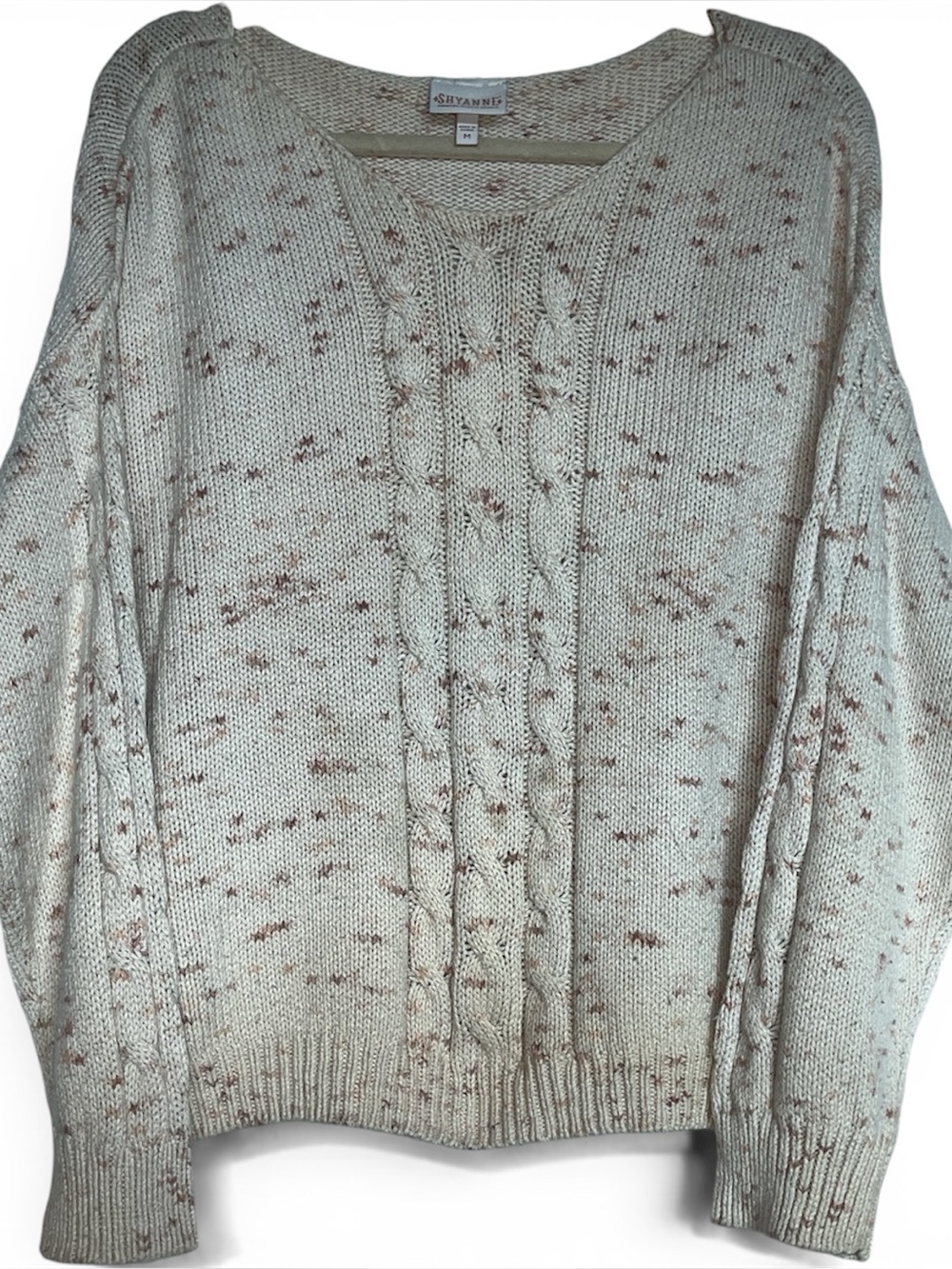 Shyanne Cream Mauve Flecked Cable Knit Scoop Neck Sweater Cotton Blend M